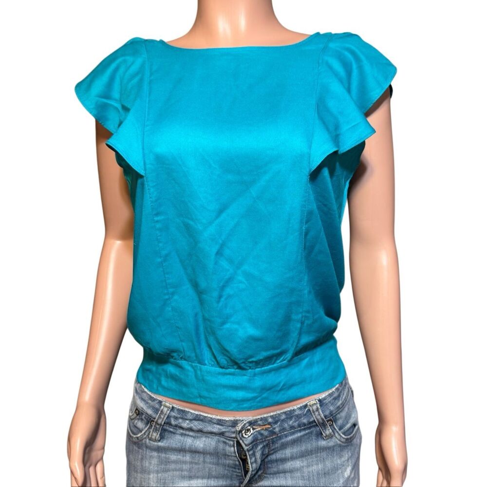 Col story turquoise fluttery ruffled sleeves elastic hem top M